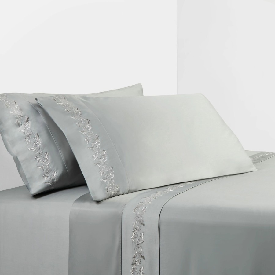 Bedding * | New Hiend Accents 350 Tc Gray Sheet Set With Gray Scroll Embroidery