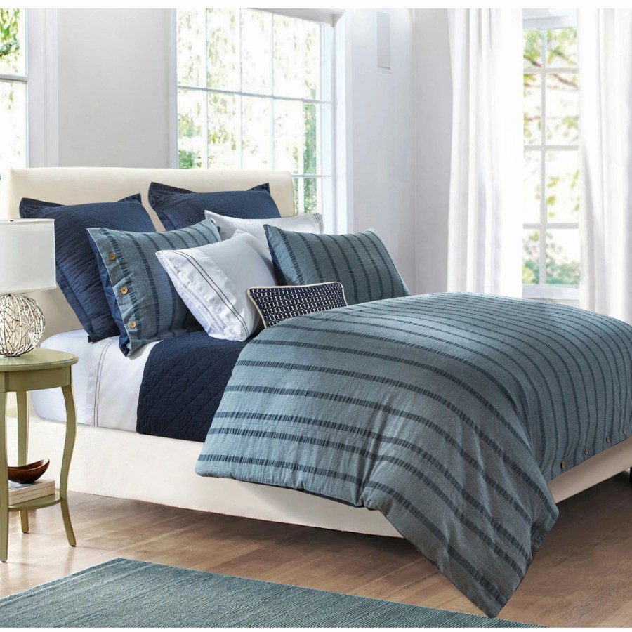 Bedding * | Budget Hiend Accents 3 Pc Harper Stripe Duvet Set, Super Queen Blue