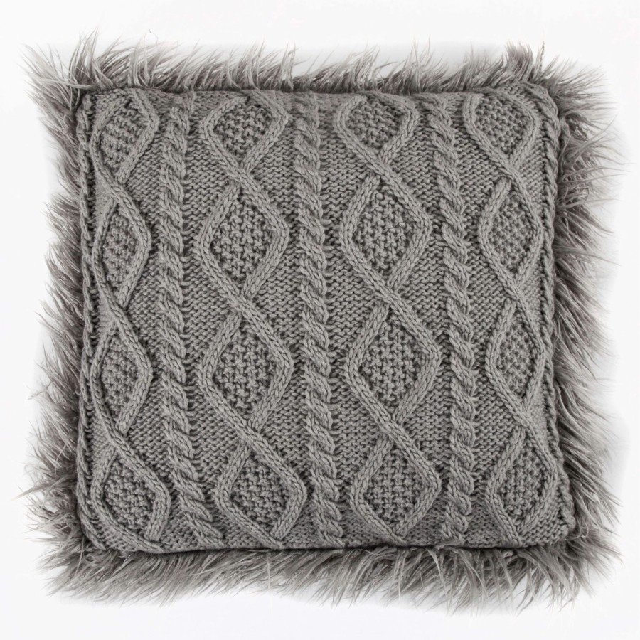 Home Goods * | Deals Hiend Accents Nordic Cable Knit Pillow With Faux Mongolian Fur Trim, 18 18 Grey