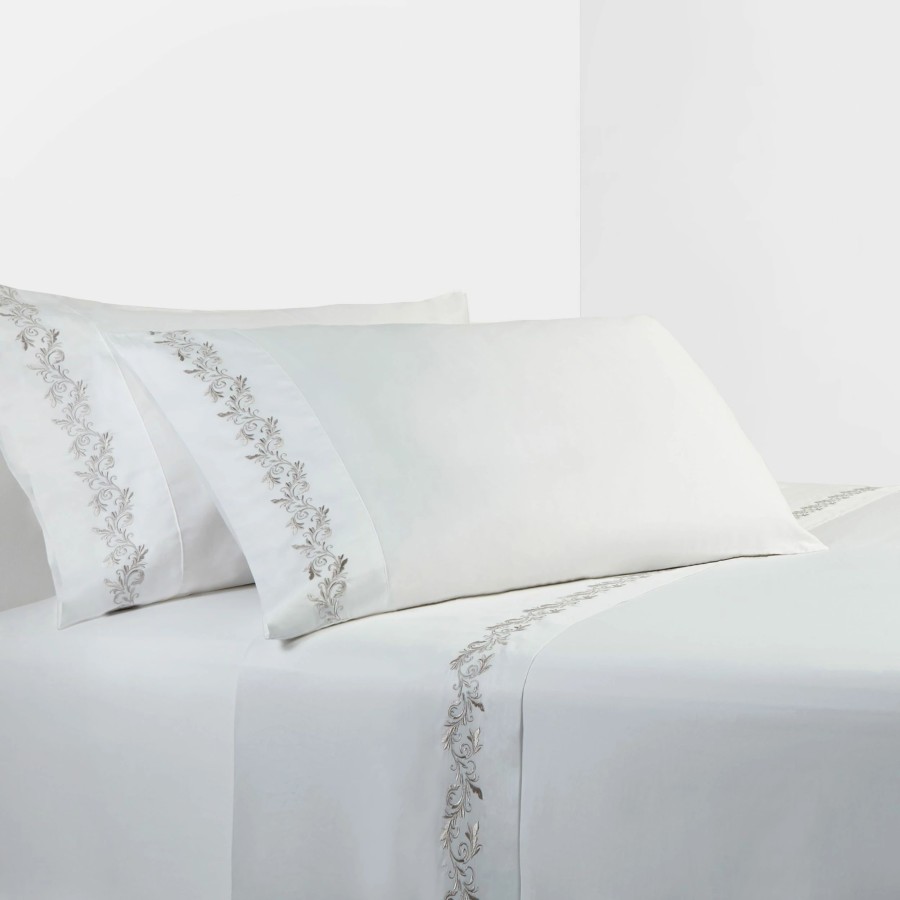 Bedding * | Buy Hiend Accents 350 Tc White Sheet Set With Gray Scroll Embroidery