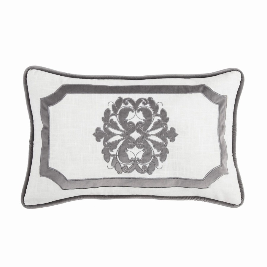 Bedding * | Brand New Hiend Accents Oblong Linen Pillow With Velvet Embroidery, 16 26 Gray