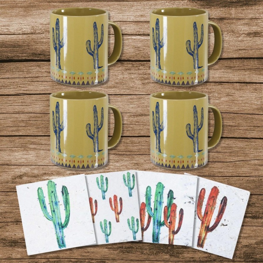 Home Goods * | Top 10 Hiend Accents Cactus Coffee Mug And Coaster 8 Pc Set