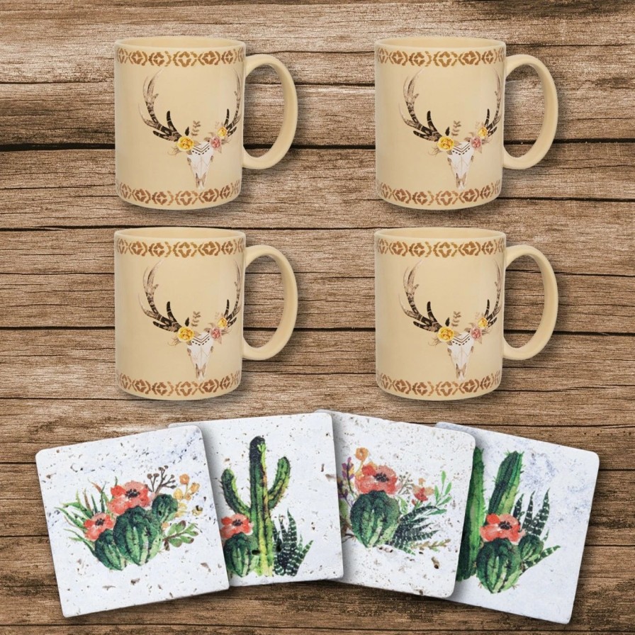 Home Goods * | Brand New Hiend Accents Desert Skull Bohemian Mug And Cactus Blooms Coaster 8-Pc Set