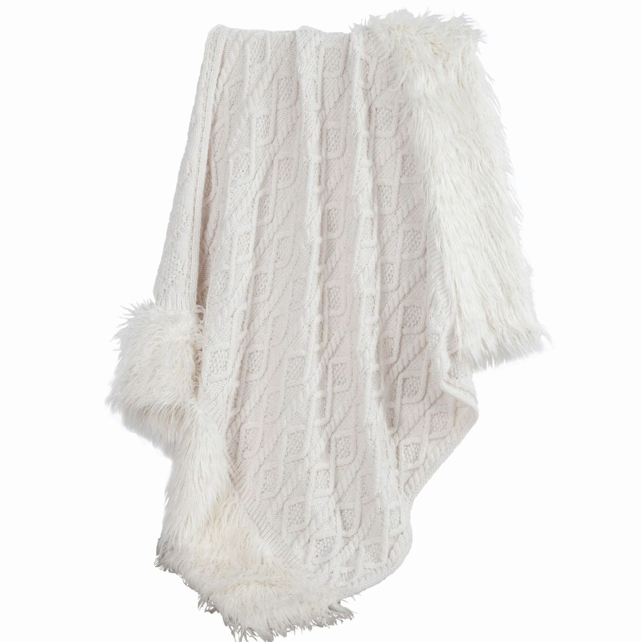 Bedding * | Outlet Hiend Accents Nordic Cable Knit Throw With Faux Mongolian Fur Trim, 50 80 White