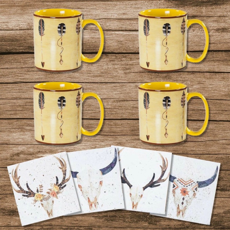 Home Goods * | Discount Hiend Accents Large Arrow Bohemian Mug And Desert Skull Coaster 8 Pc Set