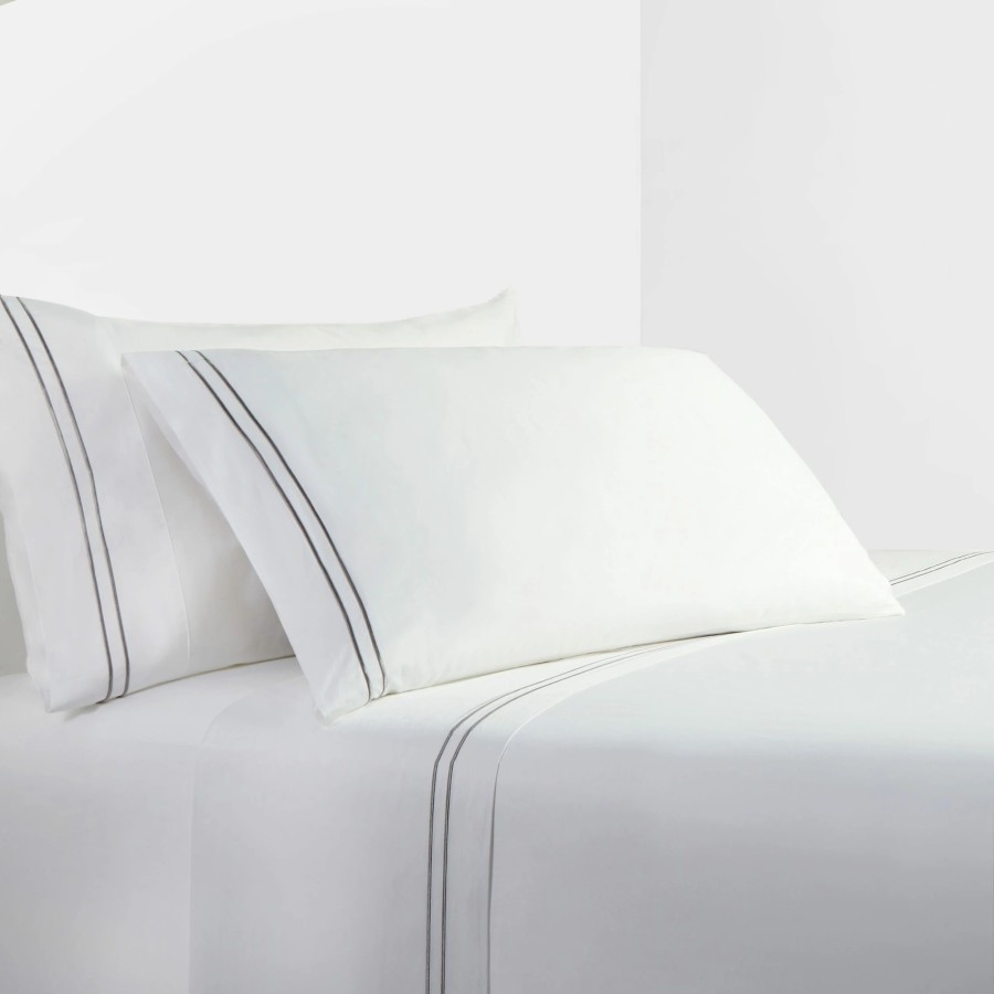 Bedding * | Best Sale Hiend Accents 350 Tc White Sheet Set With Gray Stripe Embroidery