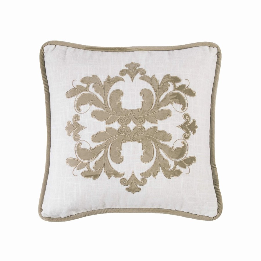 Bedding * | Discount Hiend Accents Square Linen Pillow With Velvet Embroidery, 18 18 Oatmeal