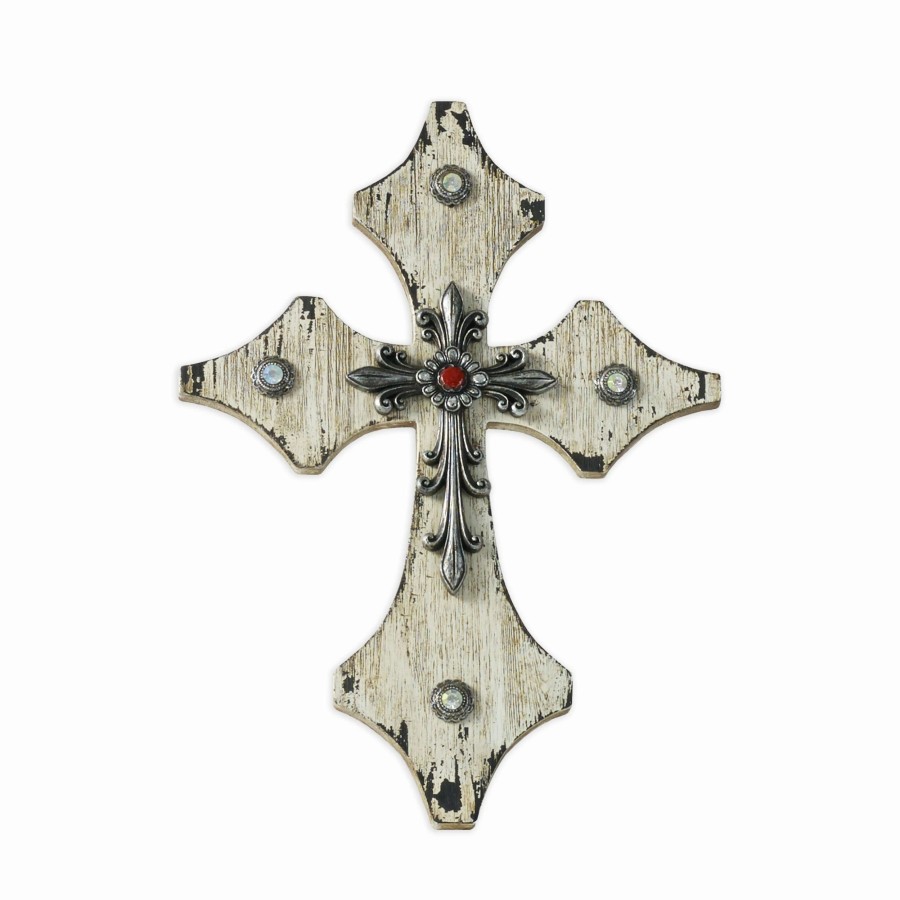 Home Goods * | Hot Sale Hiend Accents Cream Wood Cross W/Silver And Red Accents