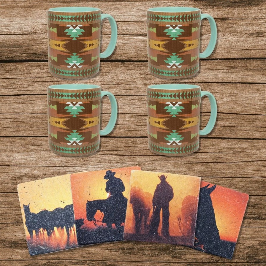 Home Goods * | Wholesale Hiend Accents Mesa Southwestern Mug And Cowboy Sunset Coaster 8 Pc Set