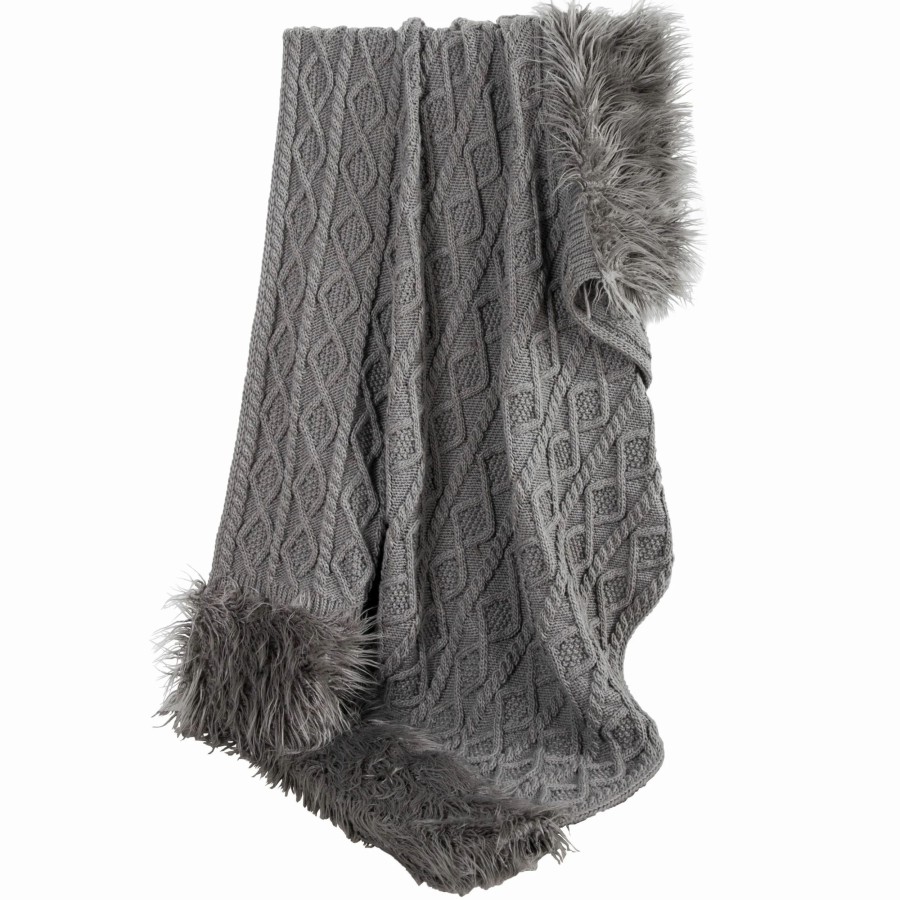 Bedding * | Best Reviews Of Hiend Accents Nordic Cable Knit Throw With Faux Mongolian Fur Trim, 50 80 Grey