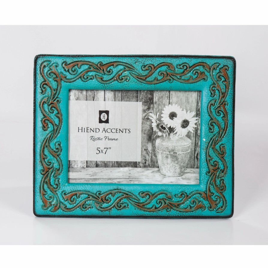 Home Goods * | Hot Sale Hiend Accents Turquoise Leather Scrolled Picture Frame, 5 7