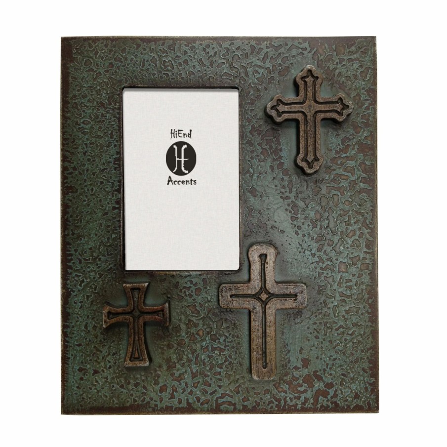 Home Goods * | Wholesale Hiend Accents Distressed Three Crosses Frame (Ea), 4X6 Turquoise