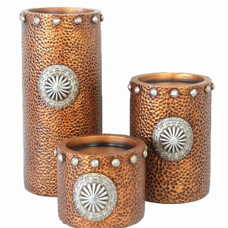 Home Goods * | Budget Hiend Accents Faux Hammered Copper With Concho Candle Holder 3Pc Set