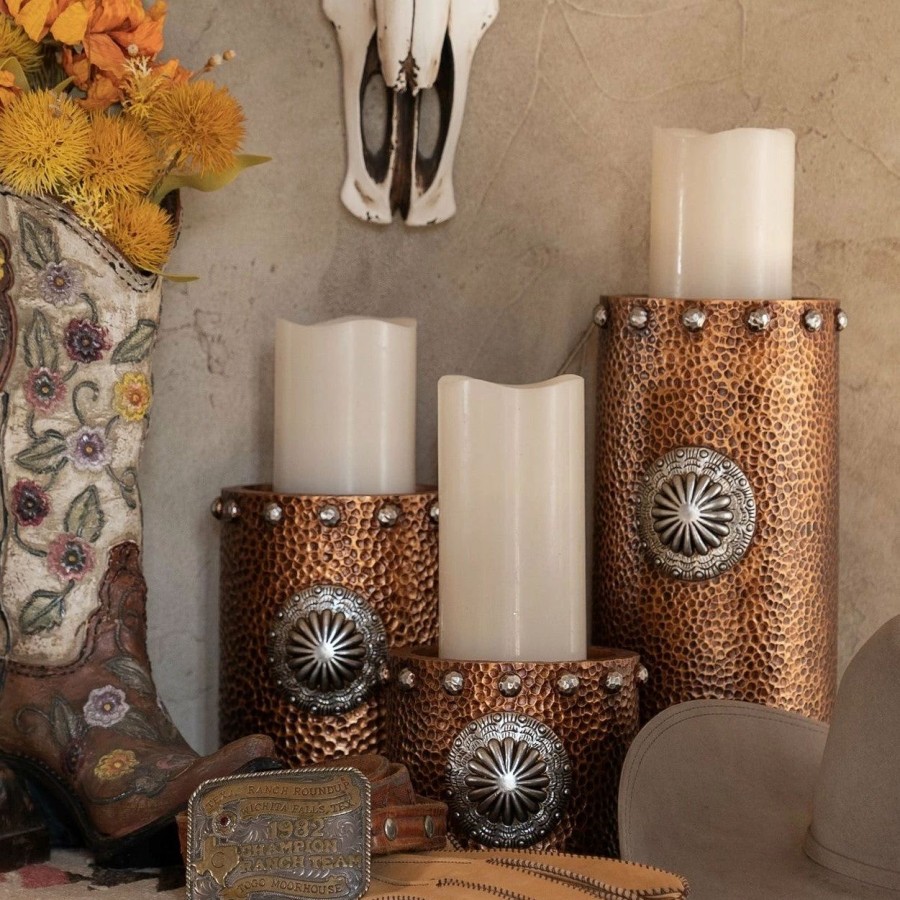 Home Goods * | Budget Hiend Accents Faux Hammered Copper With Concho Candle Holder 3Pc Set