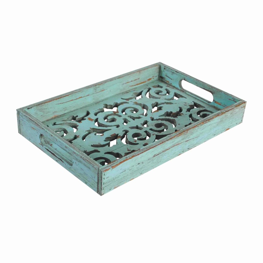 Home Goods * | Deals Hiend Accents Turquoise Wooden Tray