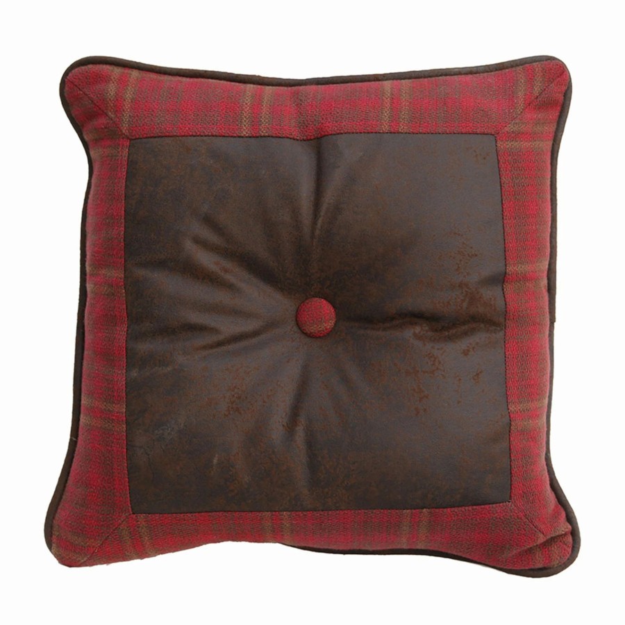 Home Goods * | Flash Sale Hiend Accents Brown Faux Leather And Red Plaid 18-Inch Square Throw Pillow