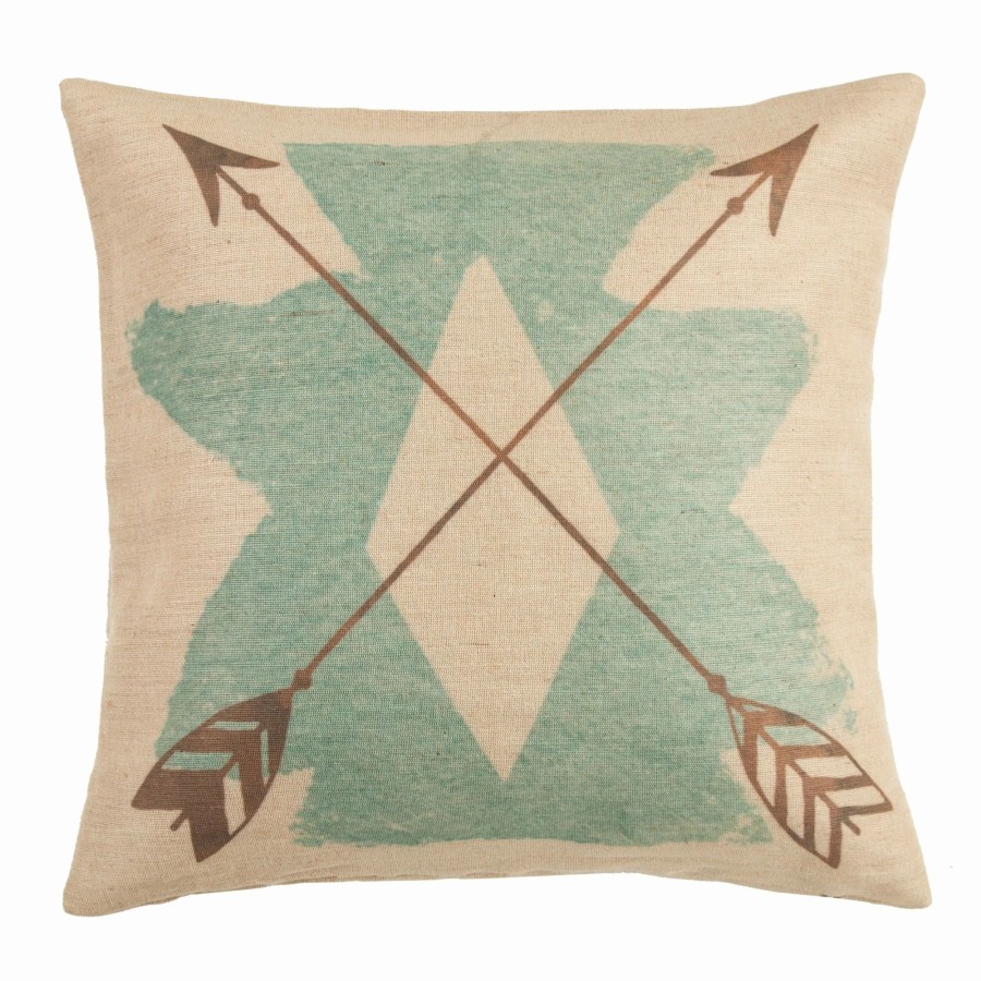 Bedding * | Brand New Hiend Accents Burlap Turquoise Aztec Pillow, 18 18