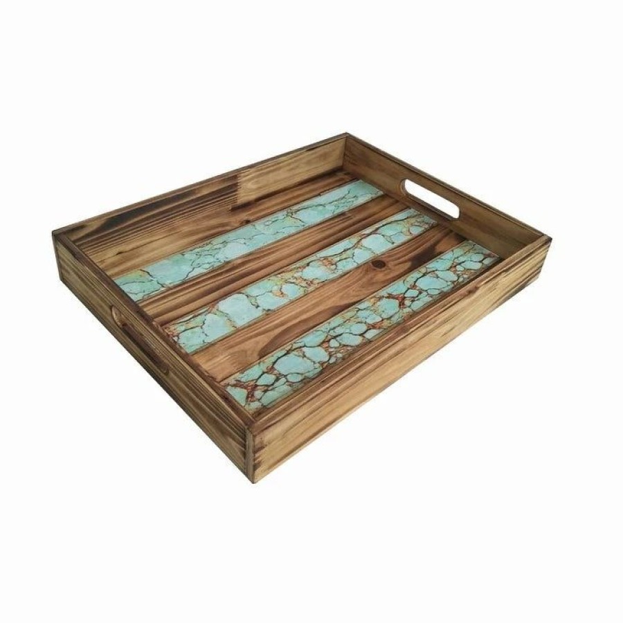 Home Goods * | Coupon Hiend Accents Wooden Tray With Turquoise Inlay