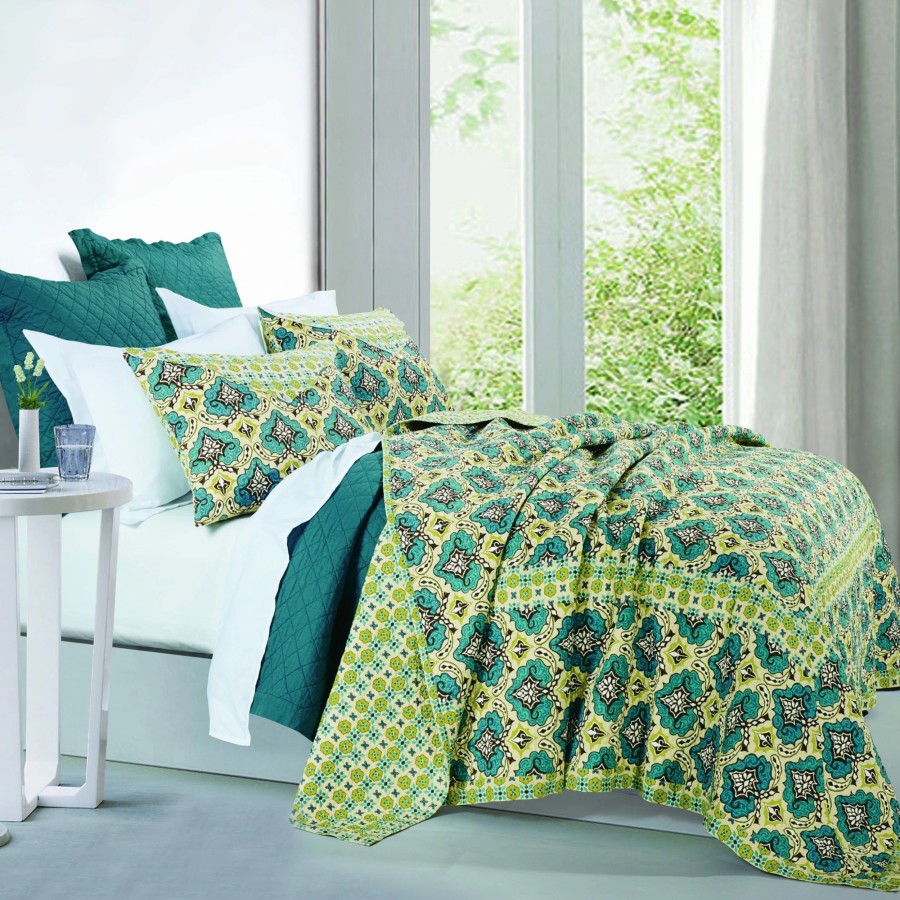 Bedding * | Outlet Hiend Accents Salado Green/ Blue Cotton Quilt Set