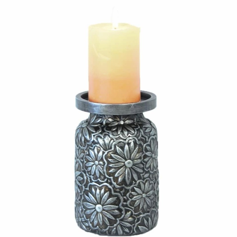 Home Goods * | Best Pirce Hiend Accents Faux Metal Embossed Pillar Candle Holder